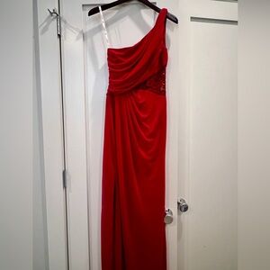 Red bridesmaid dress with lace detail